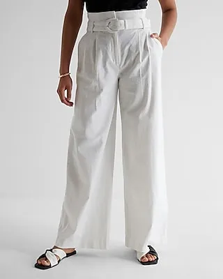 Super High Waisted Linen-Blend Belted Paperbag Wide Leg Palazzo Pant White Women's 10 Long