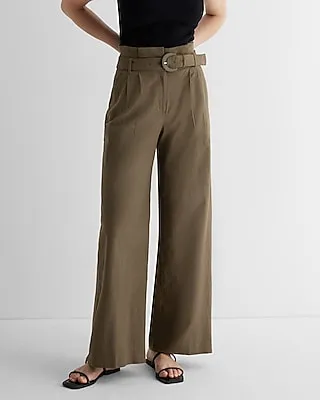 Super High Waisted Linen-Blend Belted Paperbag Wide Leg Palazzo Pant