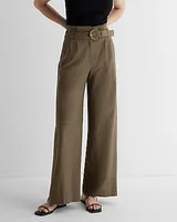 Super High Waisted Linen-Blend Belted Paperbag Wide Leg Palazzo Pant Women's