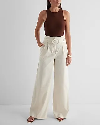 Super High Waisted Belted Paperbag Wide Leg Palazzo Pant White Women's 8