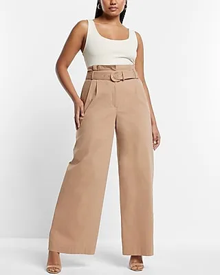 Super High Waisted Belted Paperbag Wide Leg Palazzo Pant Brown Women's 10