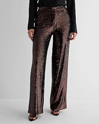 High Waisted Sequin Wide Leg Palazzo Pant Brown Women's