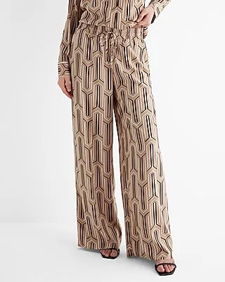 High Waisted Satin Printed Pull On Wide Leg Palazzo Pant Multi-Color Women's XL