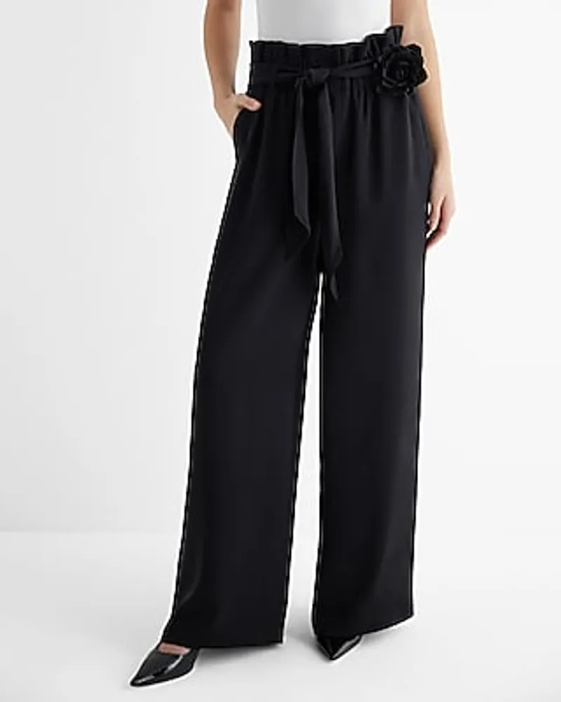 High Waisted Rosette Belted Paperbag Wide Leg Palazzo Pant Black Women's M