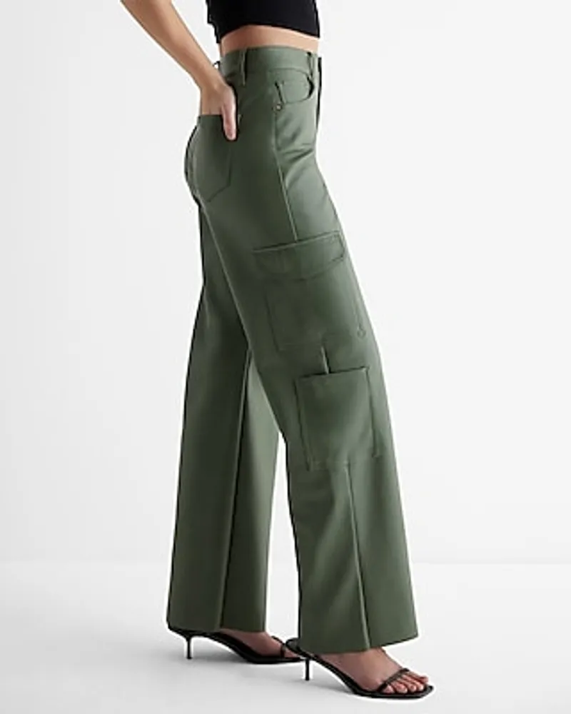 Express High Waisted Faux Leather Wide Leg Palazzo Cargo Pant Green Women's  8