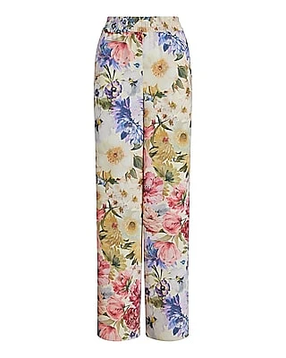 High Waisted Satin Floral Pull On Wide Leg Palazzo Pant Multi-Color Women