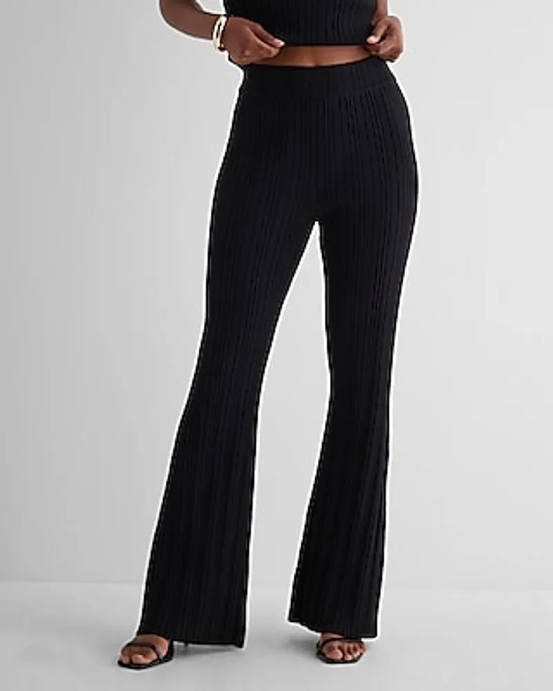 Express Super High Waisted Ribbed Sweater Flare Pant Black Women's M