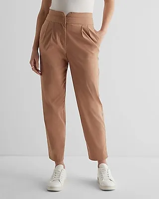 Super High Waisted Notch Pleated Straight Ankle Pant Brown Women's Long