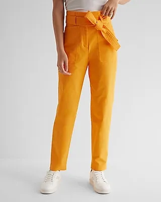 Super High Waisted Belted Paperbag Ankle Pant Orange Women's 2 Long