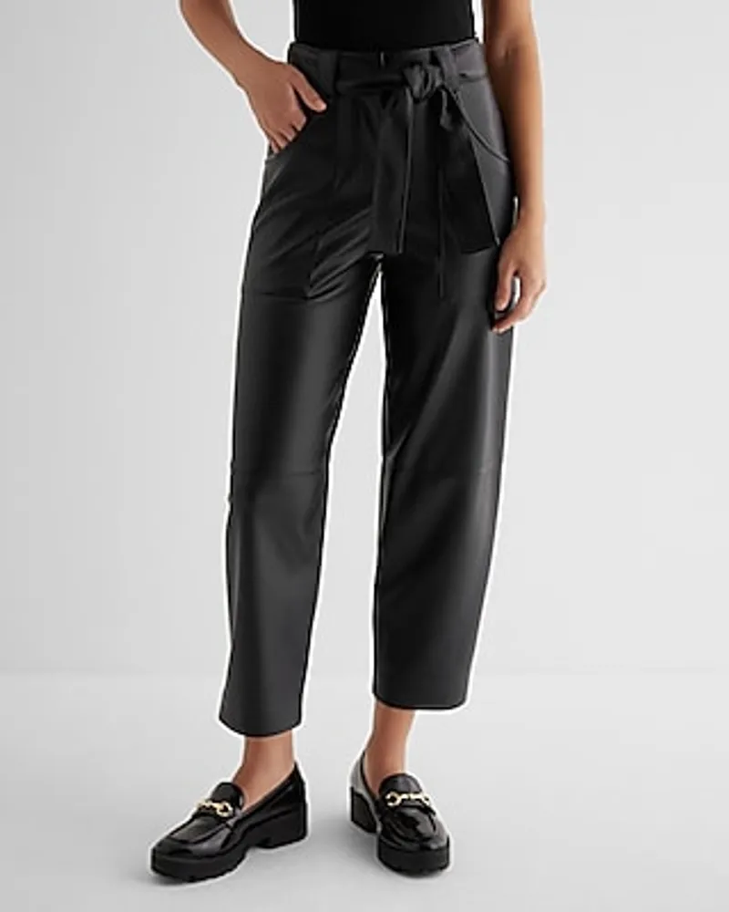 High Waisted Faux Leather Belted Utility Ankle Pant Black Women's Long