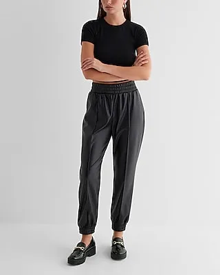 High Waisted Faux Leather Seamed Joggers Black Women's S