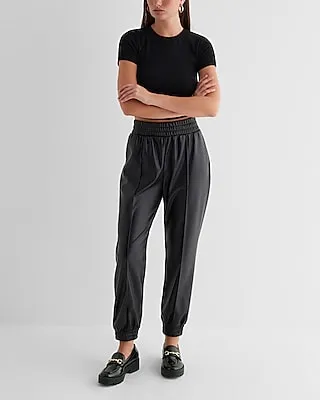 High Waisted Faux Leather Seamed Joggers Black Women's L