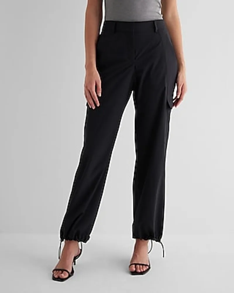 High Waisted Nylon Convertible Hem Cargo Trouser Pant Black Women's 2 Long