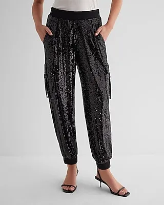 High Waisted Sequin Cargo Joggers Black Women's M