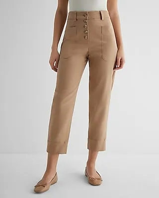 High Waisted Exposed Button Front Ankle Pant Brown Women's 6 Long