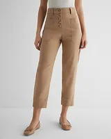 High Waisted Exposed Button Front Ankle Pant Brown Women's 0 Long