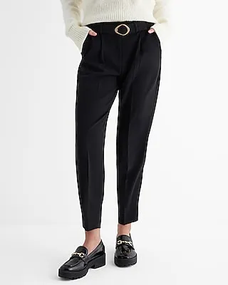 High Waisted Pleated Belted Straight Ankle Pant Black Women's Long