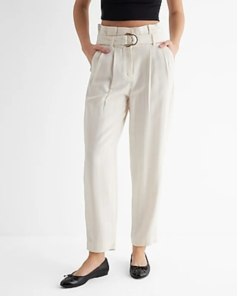 Express Stylist Super High Waisted Pinstripe Belted Paperbag Ankle