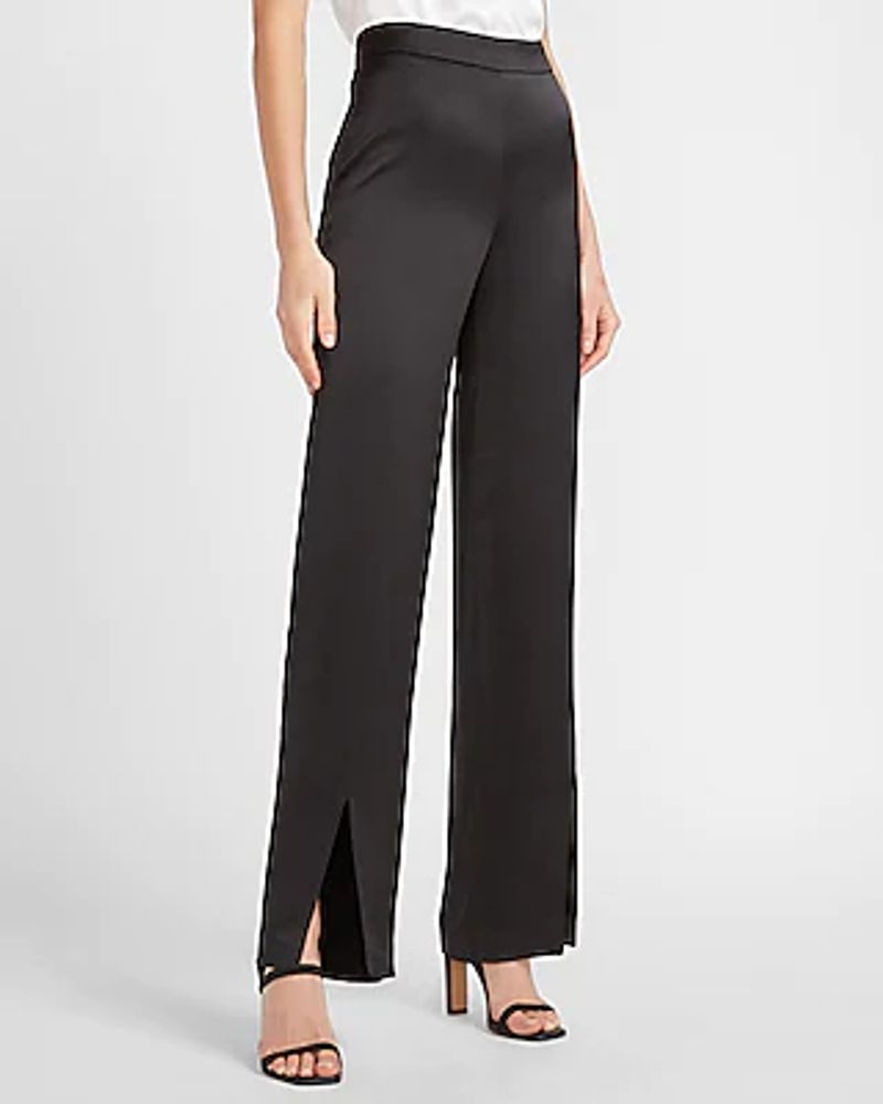 High Waisted Satin Slit Front Straight Pant Black Women's 0 Long