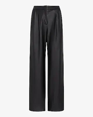 Super High Waisted Faux Leather Pleated Wide Leg Palazzo Pant Black Women's 6 Short