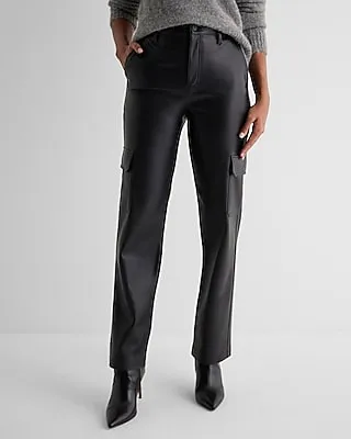 Super High Waisted Faux Leather Straight Cargo Pant Black Women's 6 Short