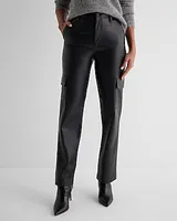 Super High Waisted Faux Leather Straight Cargo Pant Black Women's