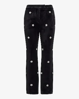 High Waisted Velvet Embellished Rhinestone Cropped Straight Leg Pant Black Women's Long