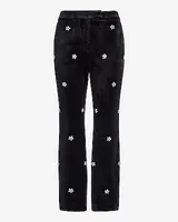 High Waisted Velvet Embellished Rhinestone Cropped Straight Leg Pant Black Women's 2 Long