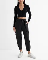 Metallic Shine High Waisted Belted Cargo Ankle Pant Black Women's 0 Long