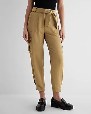 Metallic Shine High Waisted Belted Cargo Ankle Pant Gold Women's