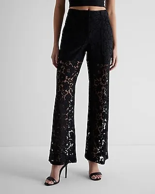 High Waisted Lace Trouser Pant Black Women's 2 Long