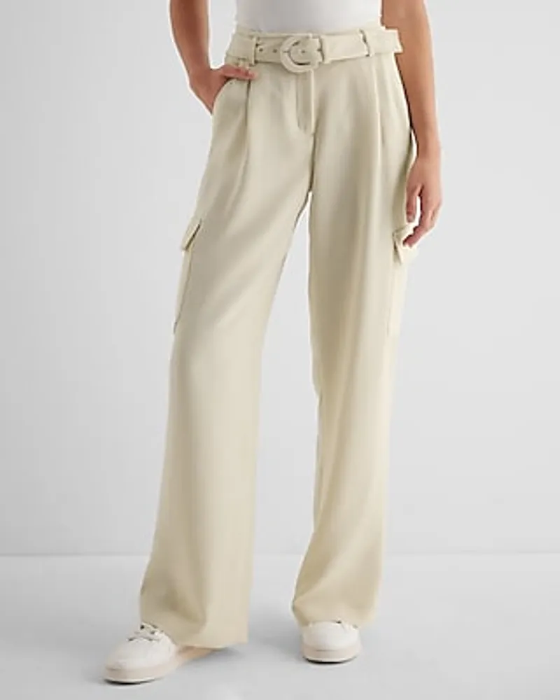 Express High Waisted Pleated Belted Utility Trouser Pant Neutral