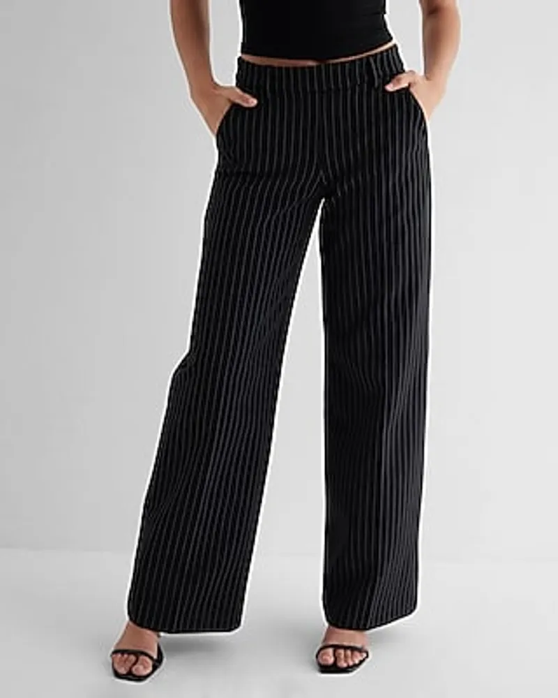 Express Editor Mid Rise Pinstripe Relaxed Trouser Pant Black Women's 4