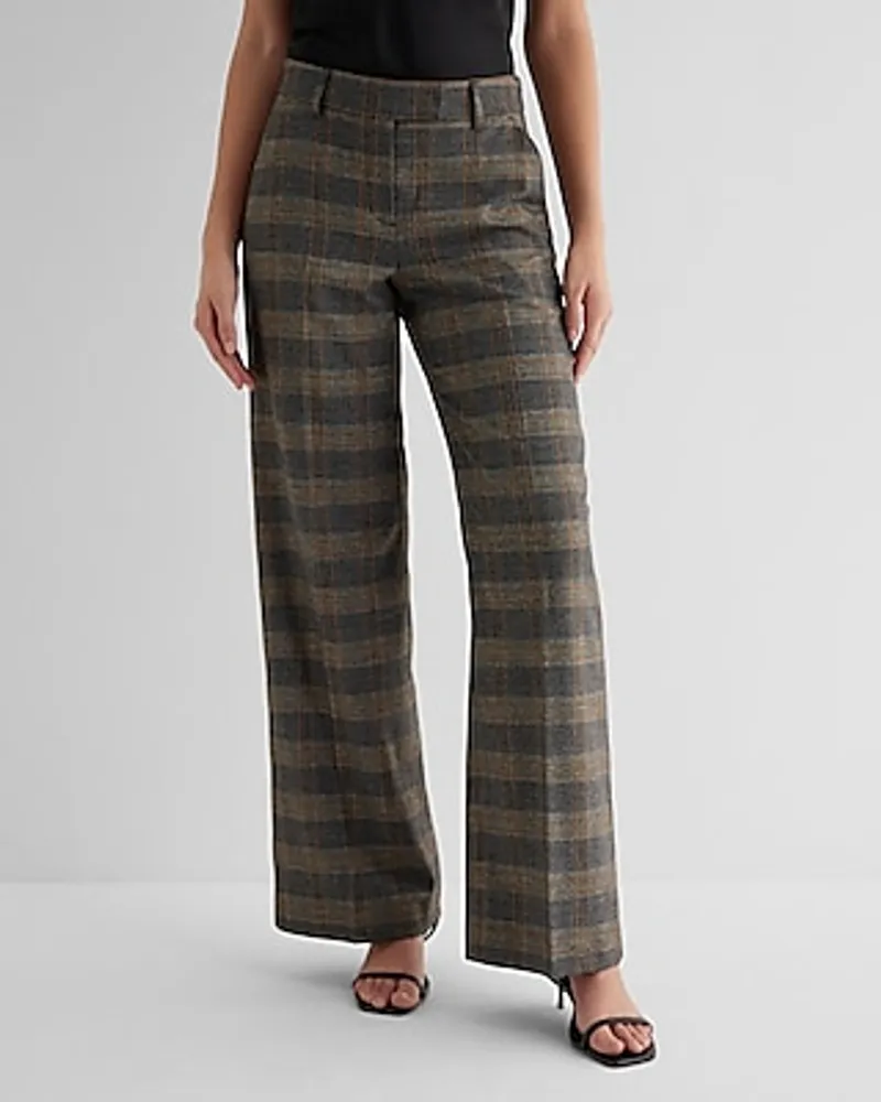 Express Editor Mid Rise Metallic Plaid Relaxed Trouser Pant Multi-Color  Women's Long