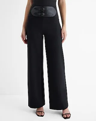 Super High Waisted Double Belted Wide Leg Palazzo Pant Black Women's S