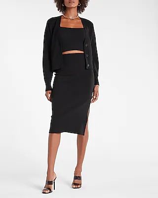 High Waisted Side Slit Midi Sweater Pencil Skirt Black Women's XL