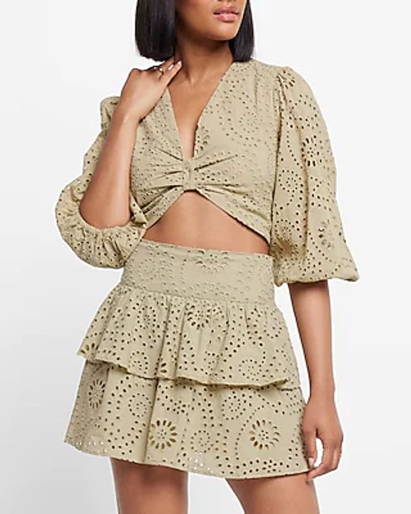 Super High Waisted Eyelet Tiered Ruffle Mini Skirt Green Women's 6