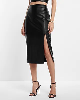 Super High Waisted Faux Leather Side Slit Midi Skirt Black Women's XL