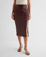 Super High Waisted Faux Leather Side Slit Midi Skirt Brown Women's XS