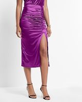 Satin Super High Waisted Ruched Side Slit Midi Skirt Purple Women's XS