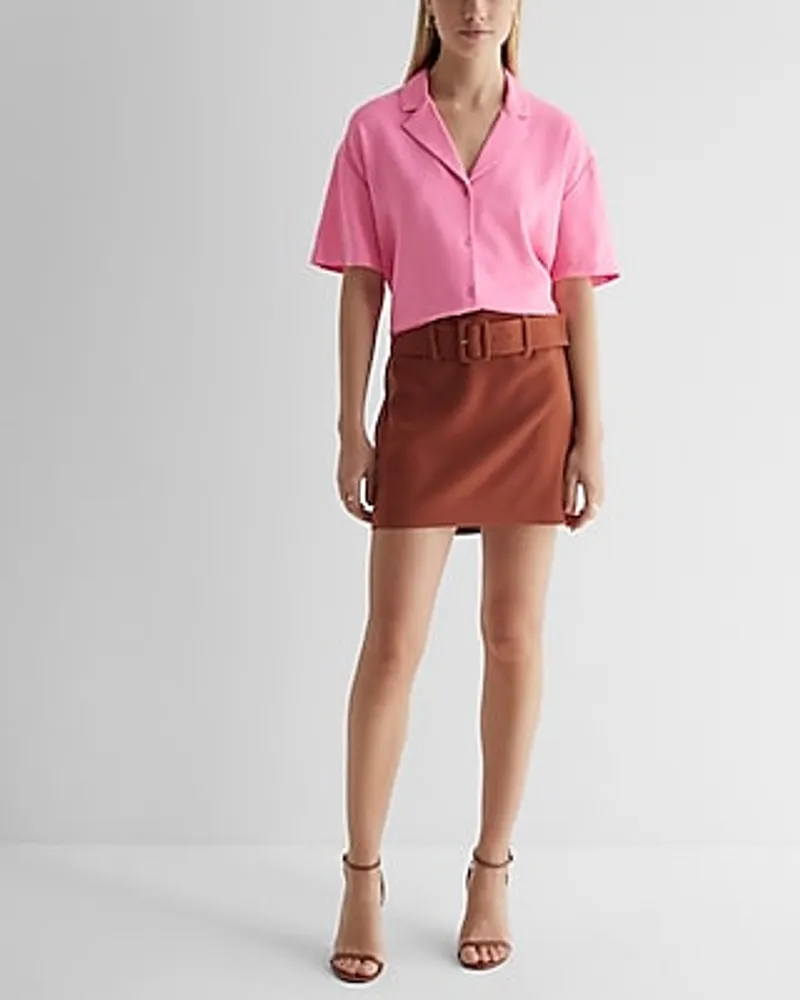 High Waisted Belted Mini Skirt Brown Women's L