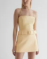 High Waisted Faux Leather Belted Mini Skirt Yellow Women's 6