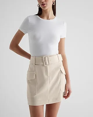 Super High Waisted Belted Cargo Mini Skirt Neutral Women's 14
