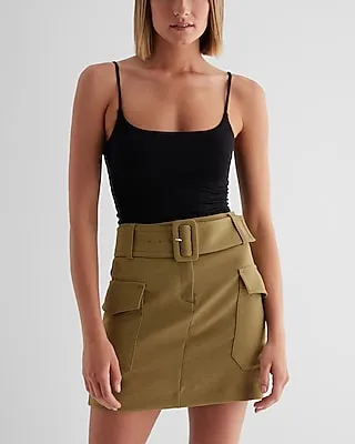 Super High Waisted Belted Cargo Mini Skirt Green Women's 4