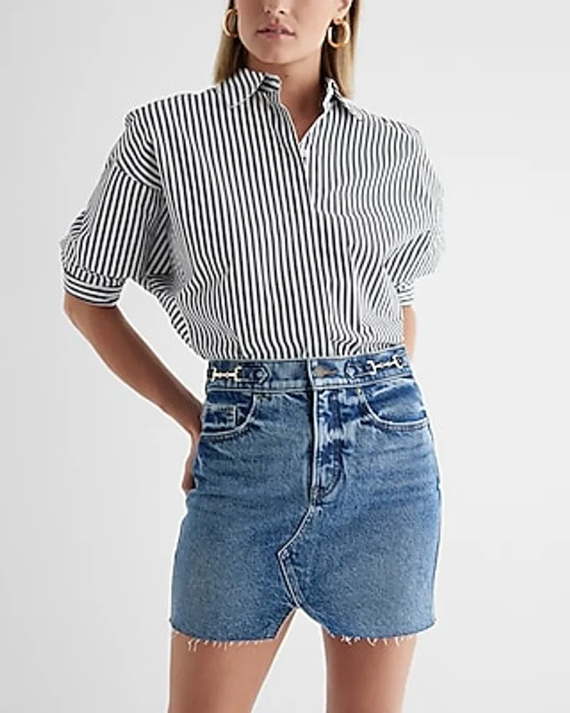 High Waisted Split Hem Horsebit Mini Denim Skirt