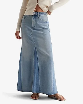 High Waisted Two-Tone Maxi Denim Skirt Blue Women's