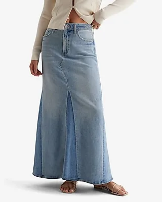 High Waisted Two-Tone Maxi Denim Skirt Blue Women's 10