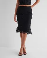 High Waisted Lace Peplum Midi Pencil Skirt Black Women's 4