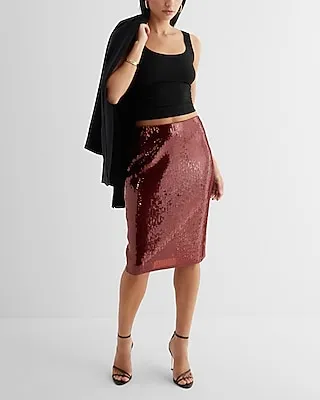 Super High Waisted Sequin Midi Pencil Skirt Brown Women's L