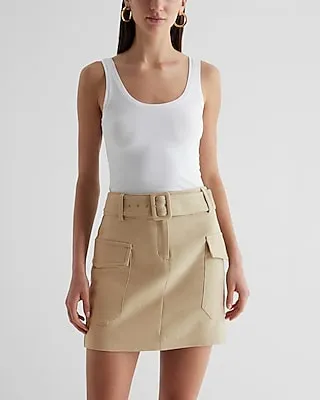 Super High Waisted Linen-Blend Belted Cargo Mini Skirt